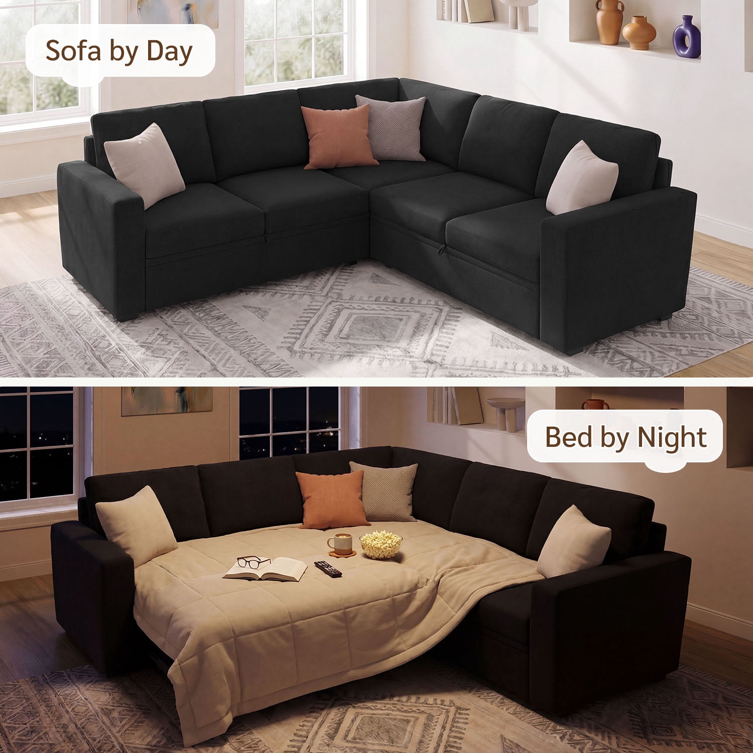 Marrber Convertible Linen Upholstered Sectional Sofa Sleeper Pull-Out Sofa Bed with Storage for Living Room Furniture Sets, Velvet Black