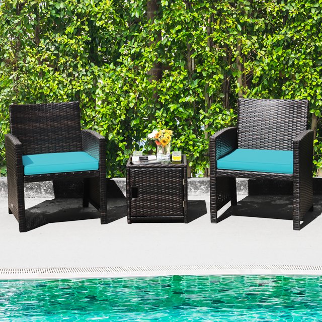 Costway Ensemble de Mobilier de Terrasse en Osier 3 Pcs Table de Rangement avec Housse de Protection Turquoise