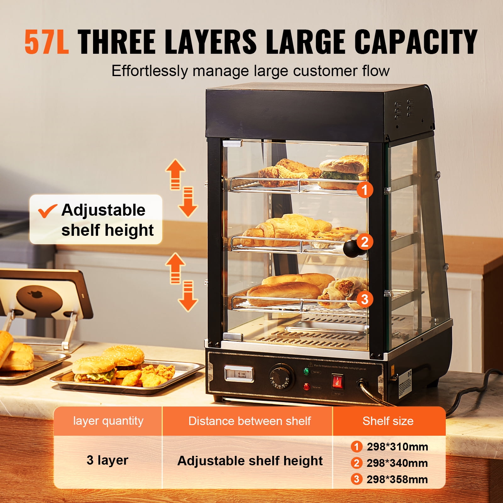KFFKFF 3-Level Food Heating Showcase, 1000W with Illumination, Flexible Shelving & Temperature Control, 86℉~185℉ Steam Heat, 57L Capacity for Pizza, Burgers, Baked Goods, Fried Poultry