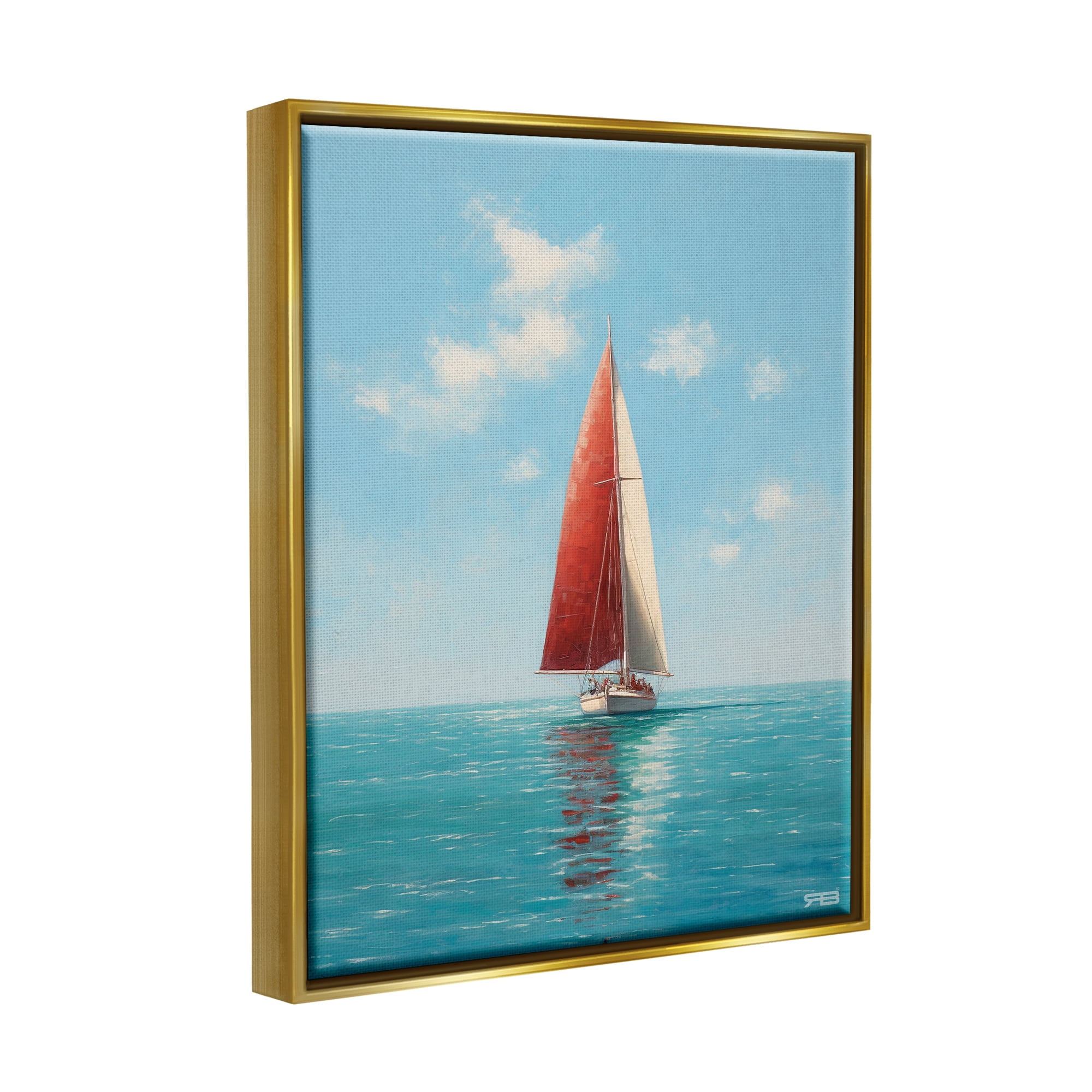 Stupell Industries Red Sailboat on Sea Transportation Painting Gold Floater Framed Canvas Art Print Wall Art, 17 x 21