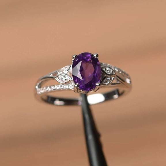 promise ring natural amethyst ring purple gemstone February birthstone oval cut gemstone sterling silver ring