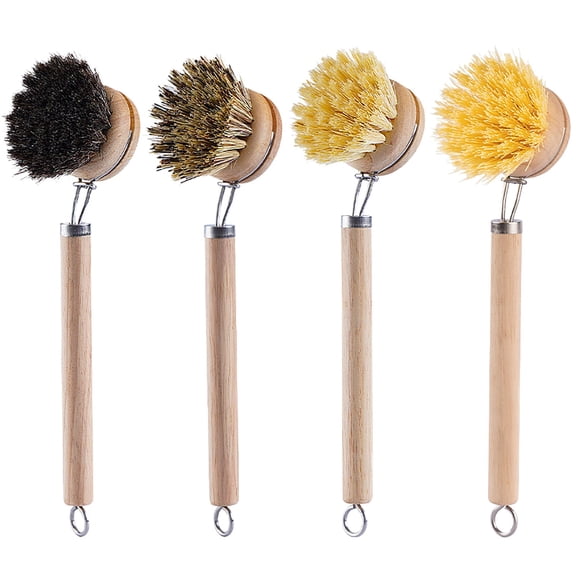 BVXEEP Dish Brush, Long Handle Pot Brush with Replaceable Brush Head Natural Soft Horsehair Sisal Coconuts Palm Cleaning Brush Solid Wood Handle Pot and Dishwashing Brush
