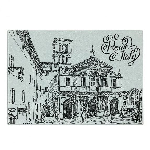 Italy Cutting Board, Vintage Famous Cityscape of Rome Illustration Hand Drawing Sketch Pattern Print, Decorative Tempered Glass Cutting and Serving Board, Small Size, Black and White, by Ambesonne