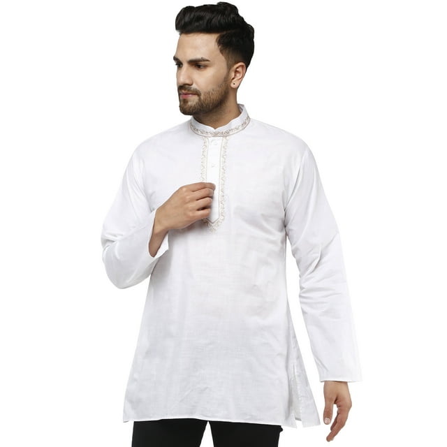 SKAVIJ Kurta Courte en Coton pour Hommes Col Rond Tunique Coupe Régulière (Grand, White))