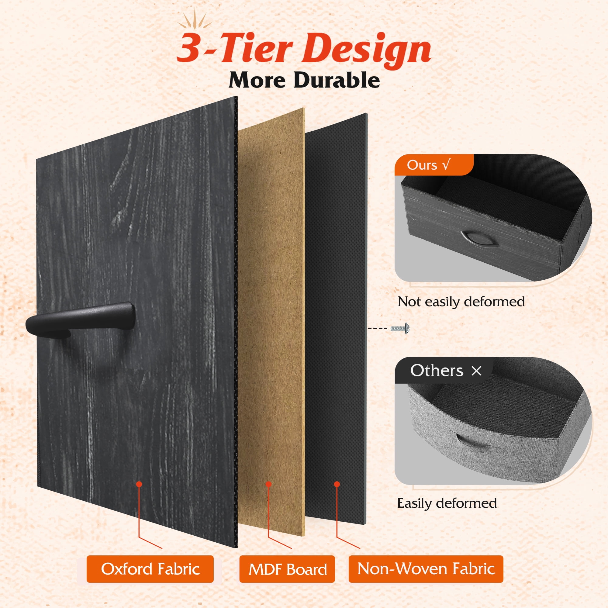 GALAXHERO 5-Drawer Tall Fabric Dresser with Wood Top, Storage Organizer Chest for Bedroom, Closet, Hallway, Sturdy Steel Frame, Charcoal Black Wood Grain Print