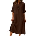 thumbnail image 5 of Atogsazn Women's Summer Linen Midi Dress Loose Button Short Sleeve Crew Neck Sundress Flowy Casual Dresses Brown S Fashion, 5 of 7
