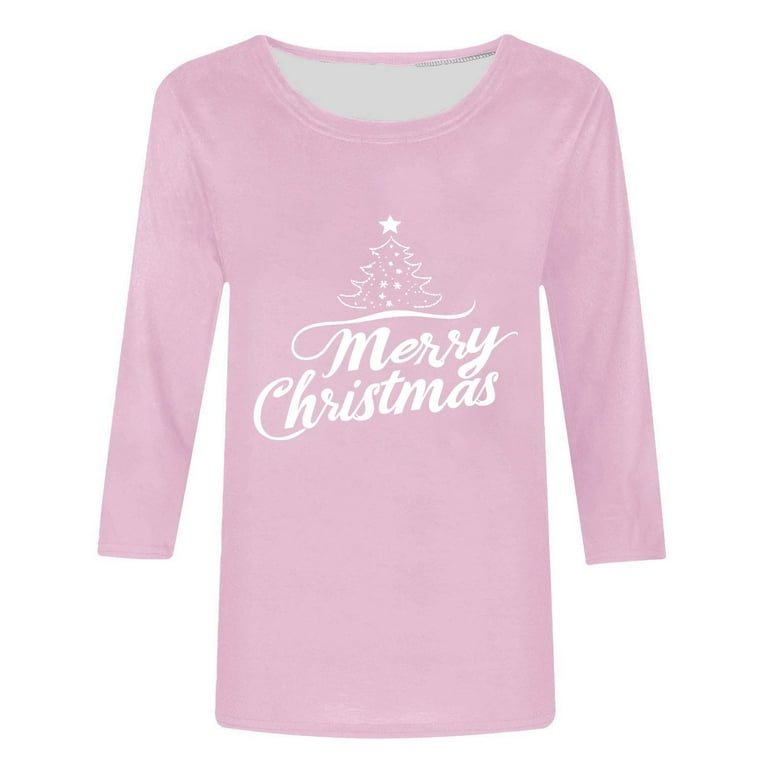 christmas dress shirts women LEKWK Christmas Dress Shirts for Women Merry Xmas Crew Neck 3/4 Sleeve Tops  Hawaiian Christmas Shirts for Women Cute Womens Christmas Outfit