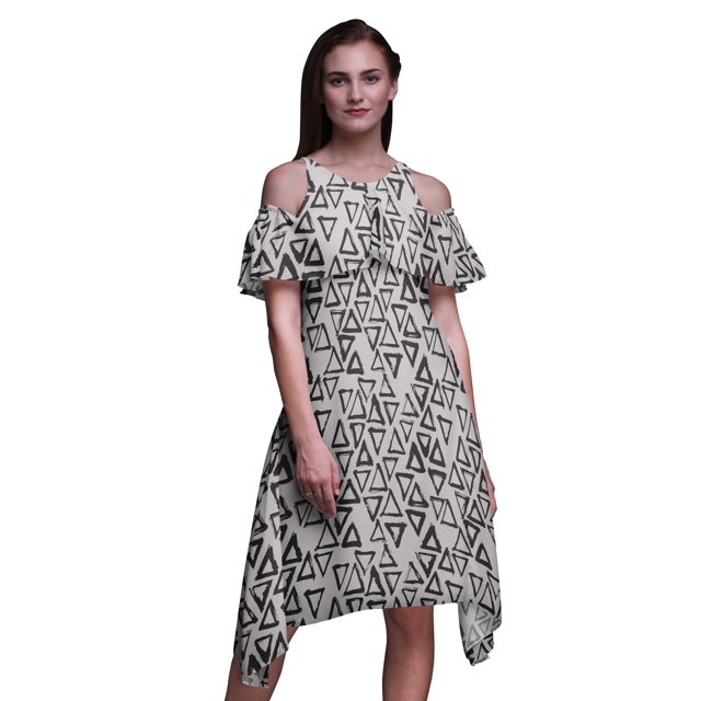 Bimba Robe Midi à Manches Flottantes Épaules Dénudées Imprimé Géométrique Gris pour Femmes - X-Small