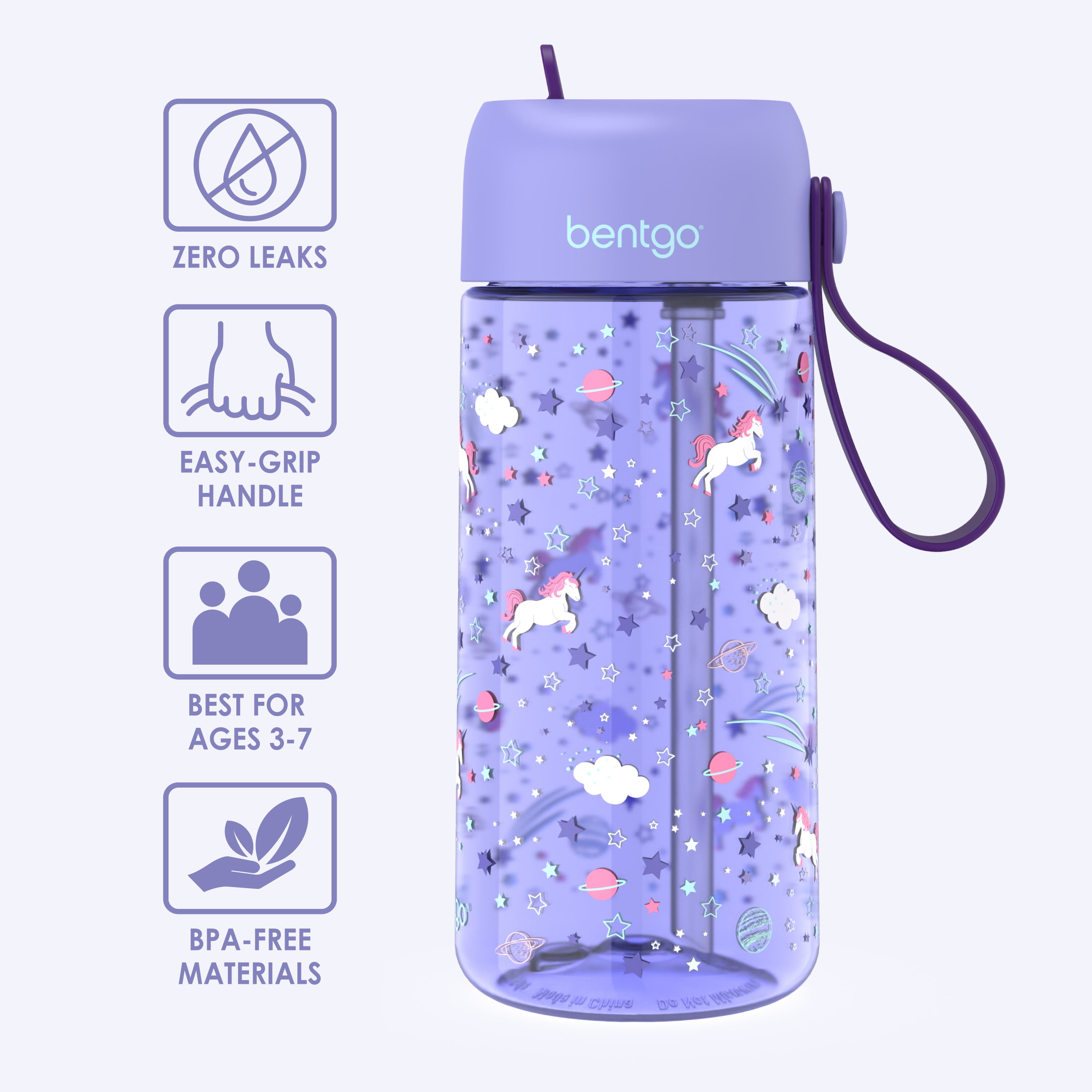 Bentgo (2) 15-oz Kids' Prints Water Bottles ,Lavender