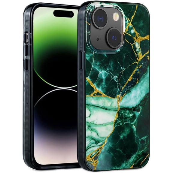 Case for iPhone 13 Case [Compatible with MagSafe] with Emerald Green Marble Design, Cute Phone Cover for Women Girls and Men, Slim Shockproof Bumper with Gold Accents