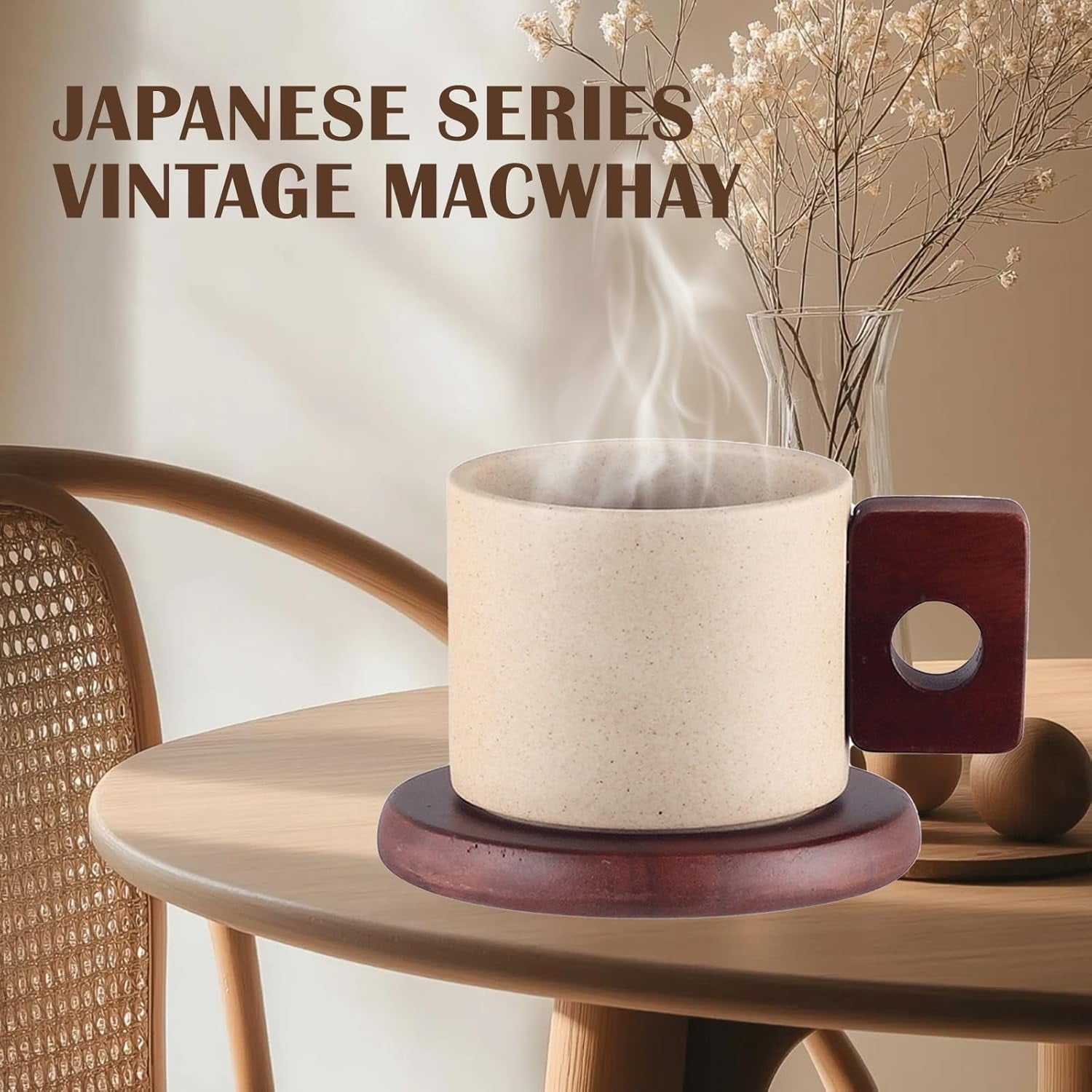 ABPETE Japanese-Style Ceramic Mug Set,8oz Unglazed Porcelain Cup with Acacia Wood Saucer & Handle for Espresso, Latte & Tea​