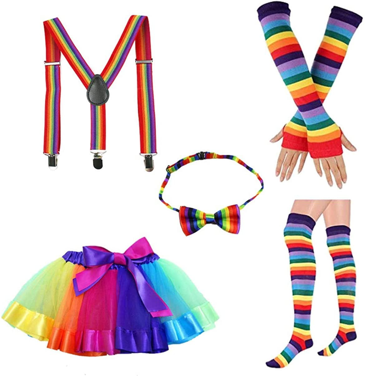 New Rainbow 1980s Knee Socks Wristband Neck Tie Braces Fancy Dress Accessories 