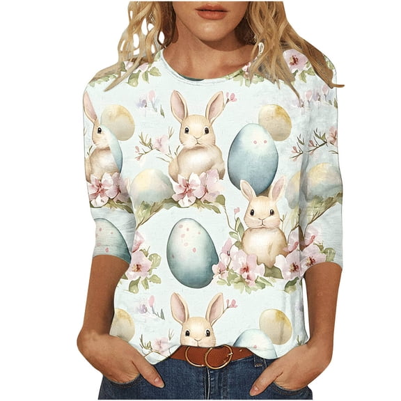 LangJing Womens Easter 3/4 Sleeve Crew Neck T-Shirts Cute Bunny Eggs Printed Tees Shirt Plus Size Loose Fit Pullover Green XXXXXL