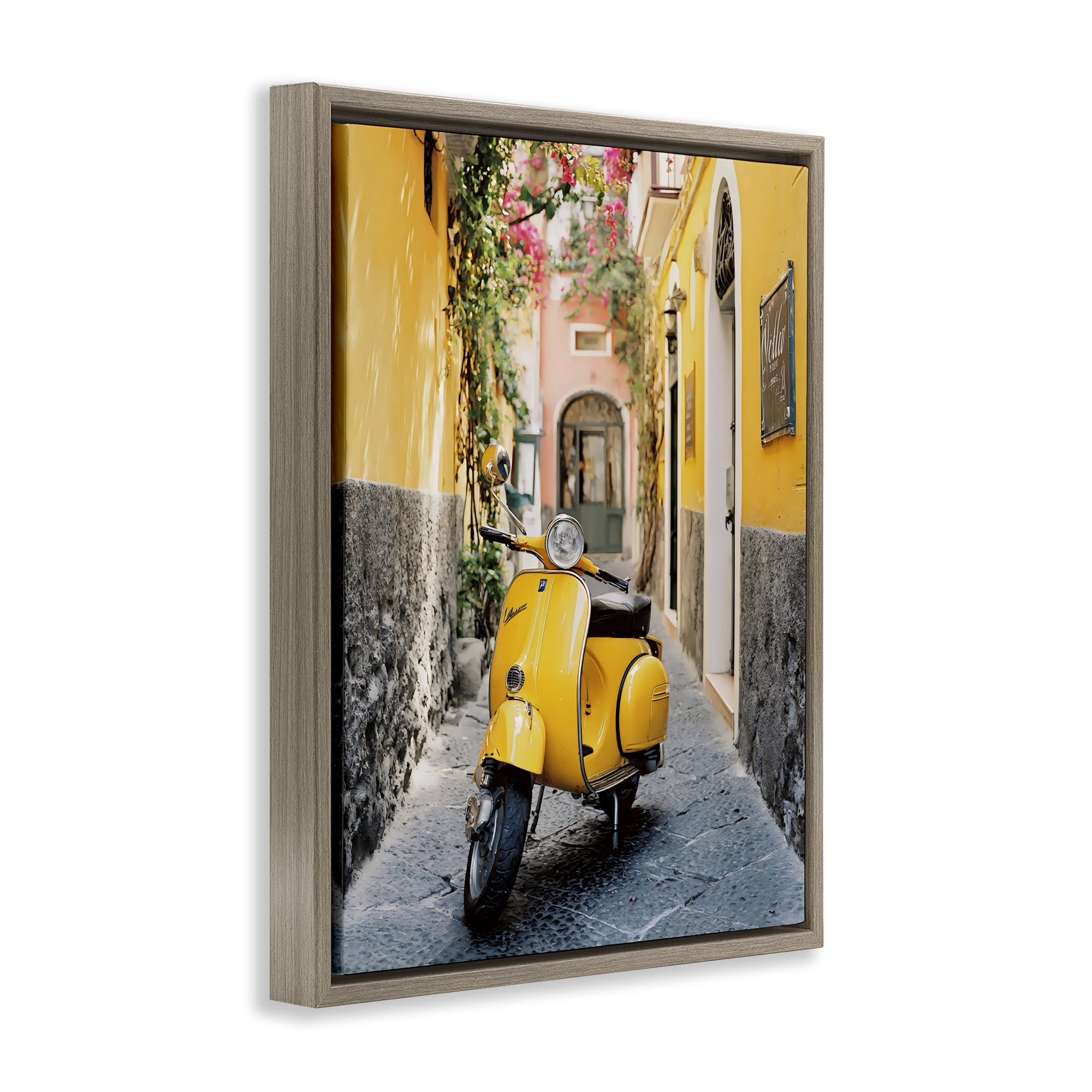 Stupell Industries Yellow Moped in Alley Brown Framed Floater Canvas Wall Art, design by Franklyn Gregory
