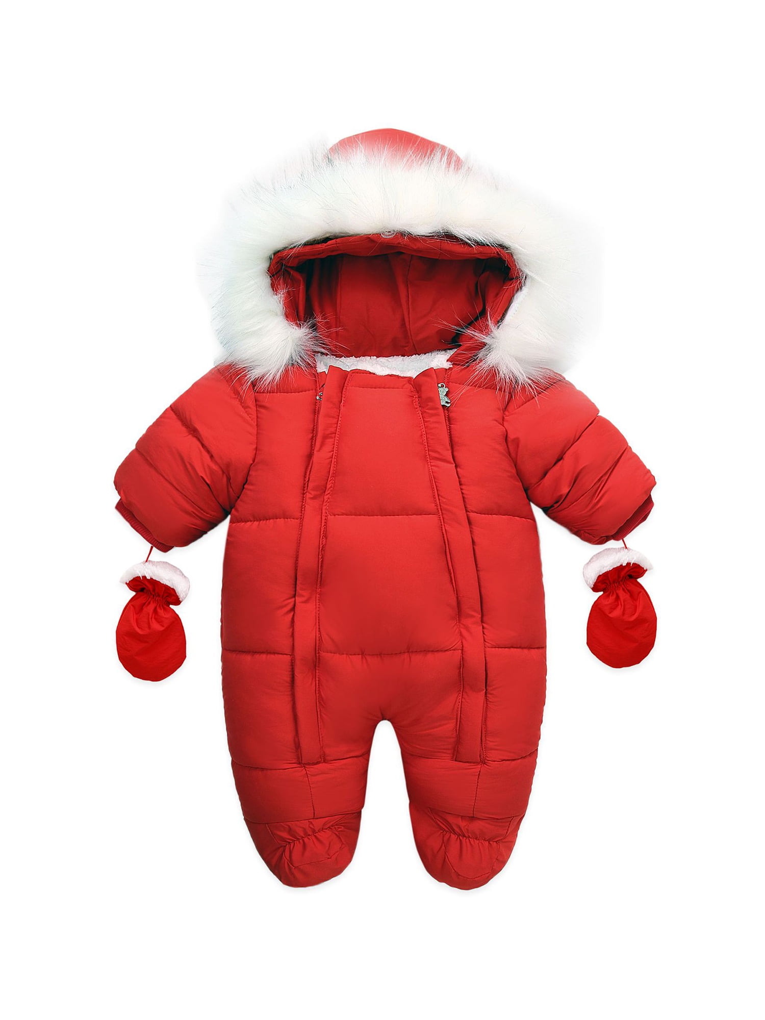 Baby Winter Snowsuit Zipper Closure Romper Fur Hooded Coat with Mittens Shoes 