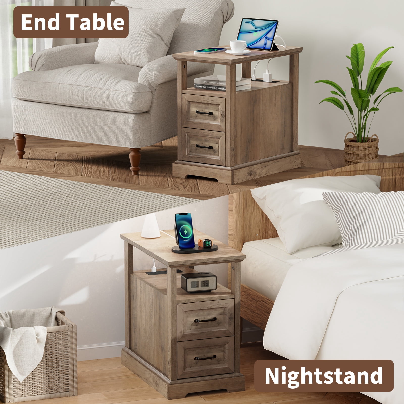 Hommpa 2 Drawers End Tables With Charging Station For Living Room, Farmhouse Narrow Sofa Side Table For Small Spaces, Nightstand Bedside Table with Storage For Bedroom, Light Ivory