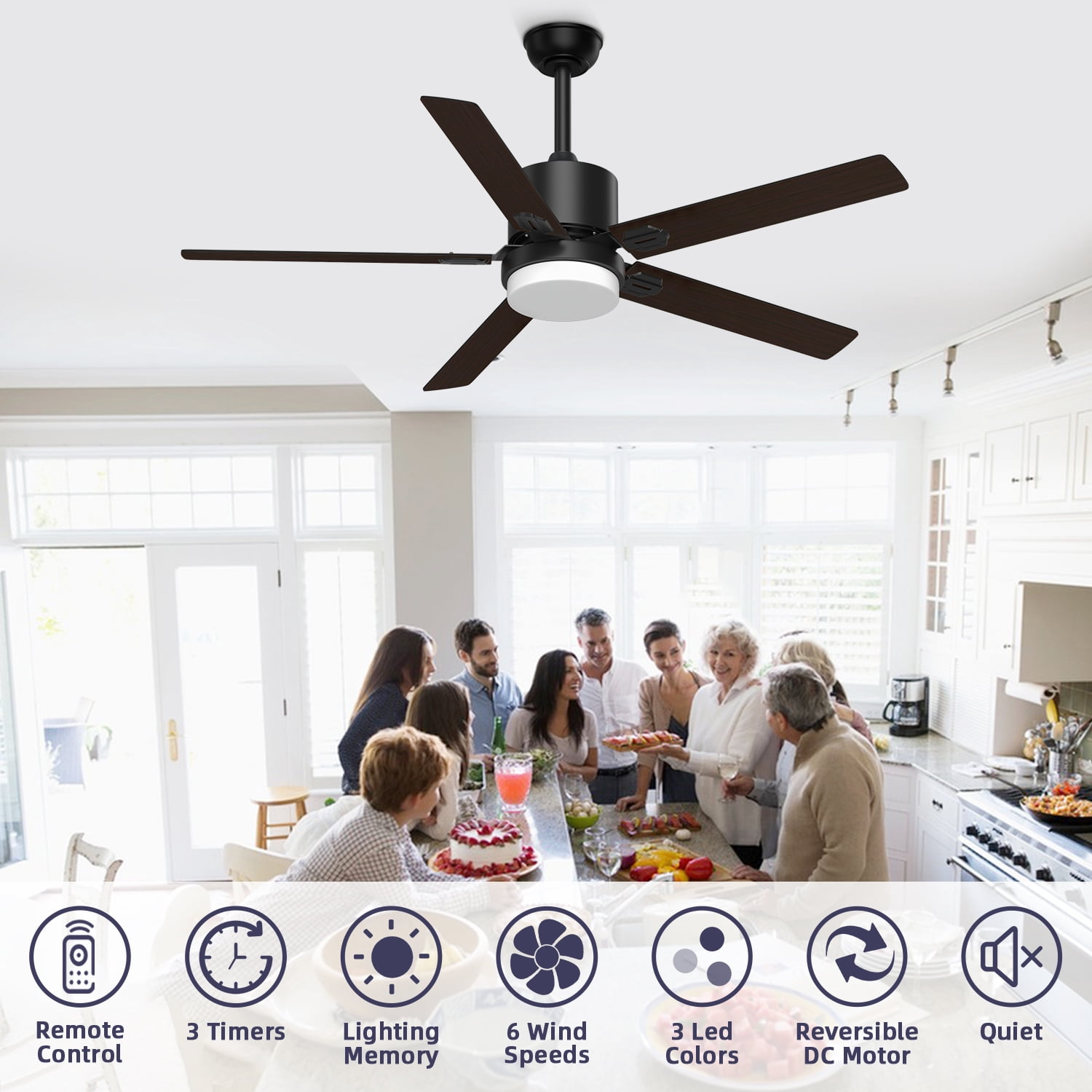 Xaujix Ceiling Fans with Lights and Remote Control, 60" Indoor Outdoor Ceiling Fan 6-Speed Silent Reversible Motor for Patio Farmhouse Bedroom Living Room, Walnut&Black