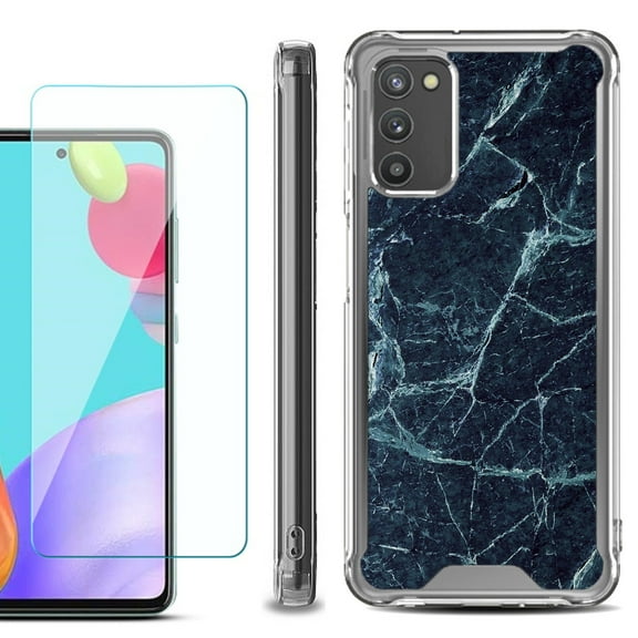 Shockproof Bumper Phone Case for Samsung Galaxy A03s, with Tempered Glass Screen Protector, by OneToughShield ® - Marble / Blue