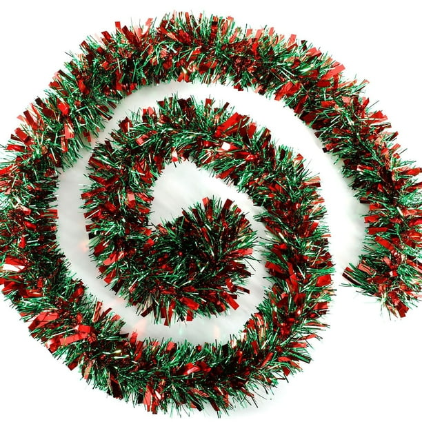 Guirnalda de oropel verde, rojo y plateado de 6.5 pies para árbol de Navidad para fiesta de año nuevo, cumpleaños, vacaciones, suministros para interiores y exteriores