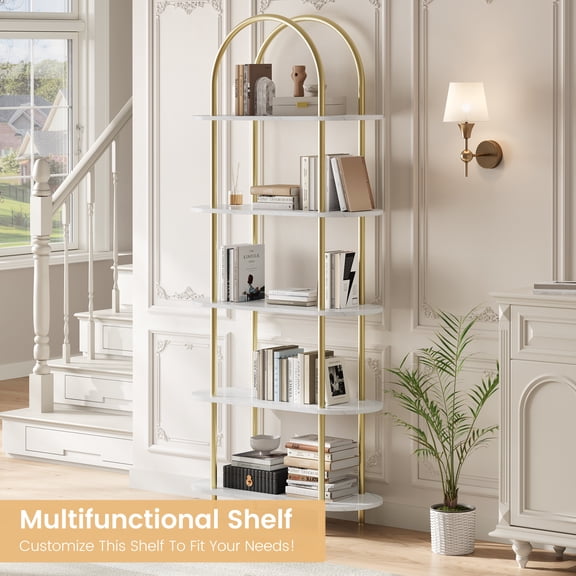 Modern 71" Arched 5-Tier Bookshelf with Metal Frame – Freestanding Bookcase for Home Office, Living Room, Bedroom – Gold & Marble White, Five Layers