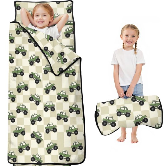 Monster Cartoon Truck Beige Pattern Teens Toddler Nap Mat with Pillow, Sleeping Mat Bag for Preschool Daycare 59"x22"