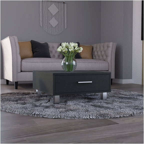 JERFIT Modern Coffee Table with Storage Drawer, Small End Table for Living Room, Sofa Table with 4 Sturdy Legs, Black Accent Table for Small Space