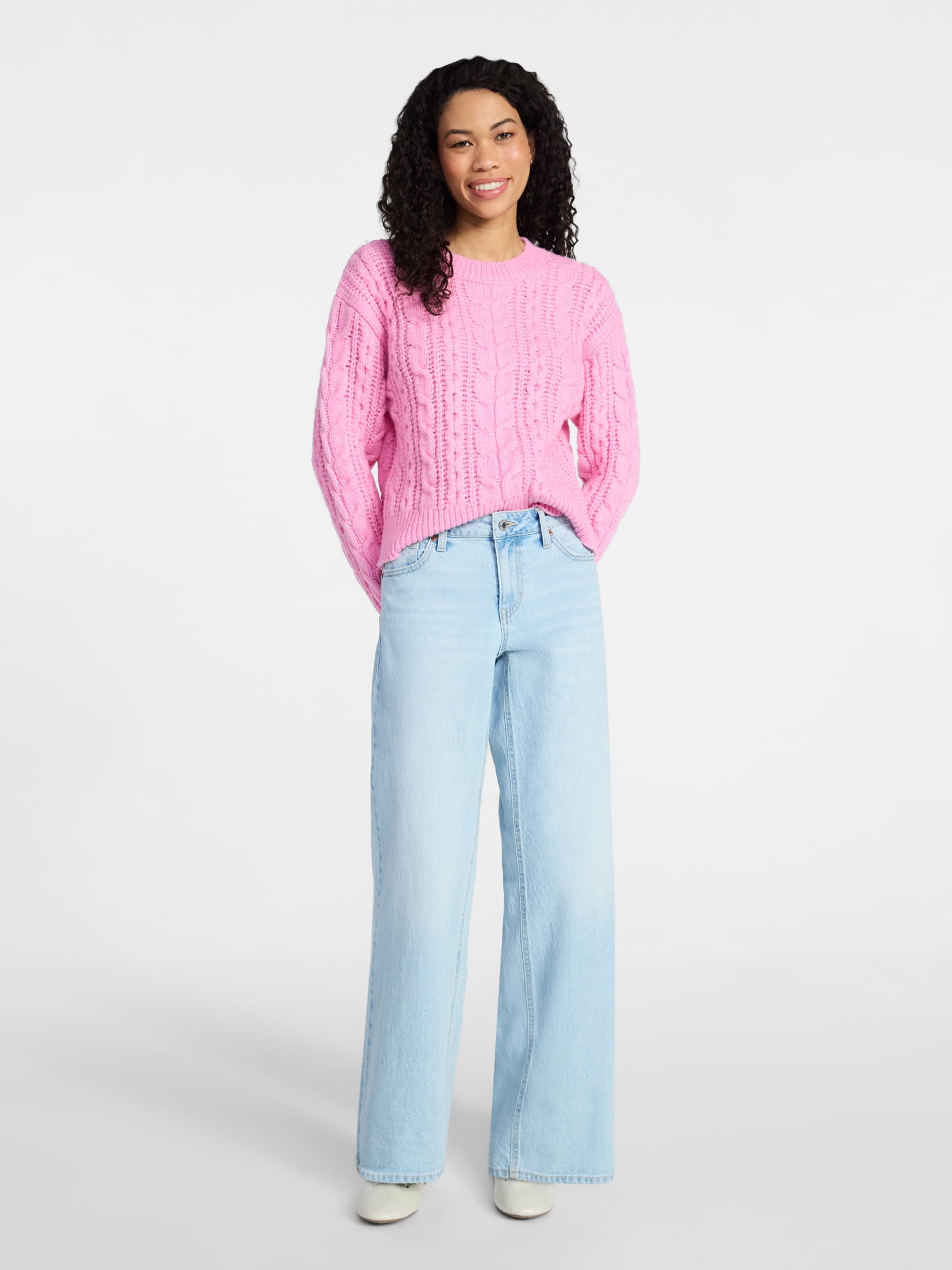 No Boundaries Cable Crewneck Drop Shoulder Sweater, Midweight, Women's XXS-XXL