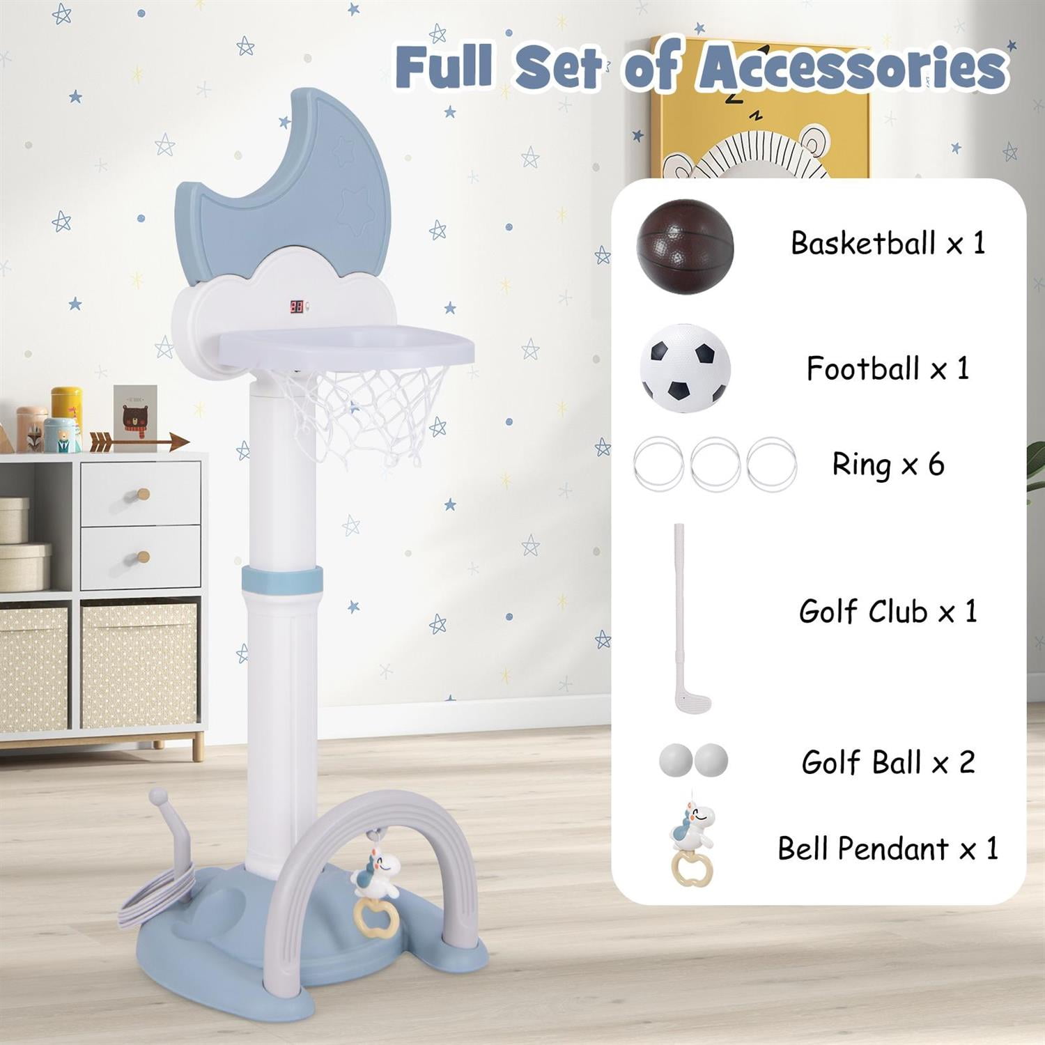 Demi Bonn 4-In-1 Basketball Hoop, Height-Adjustable Design, Electronic Scoreboard, Moon-Shaped Aesthetics, Indoor & Outdoor Play Set, Blue