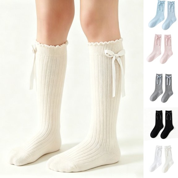 ITSAME Girls Cute Bow Knot Crew Socks Princess Lace Trim Casual Ankle Socks for Toddlers Beige Size 5