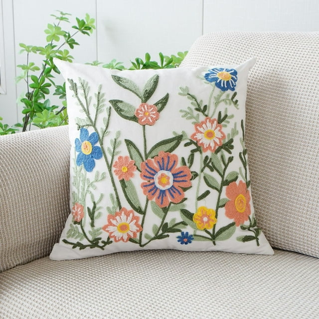 Funda de almohada bordada | Funda de cojín floral para sofá y silla | Cojín decorativo | Cuadrado de 45x45 cm | Tejido de poliéster | Decoración para el hogar, ideal para sala de estar y dormitorio.