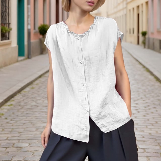 Xuyuer Women's Solid Color Sleeveless Blouse, Lace Collar Cardigan Top Loose Fit Casual Fashion Shirt
