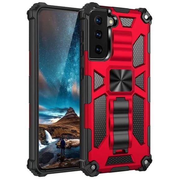 Galaxy S22 Case with Kickstand,Rugged Shockproof Heavy Duty Protection, Anti-Scratch  Phone Case Fit Magnetic Car Mount for Samsung S22 5G,Red
