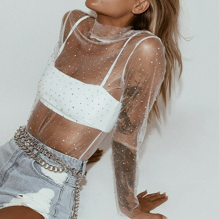 Women Girls Mesh Sheer Shine Rhinestone Crop Top Long Sleeve