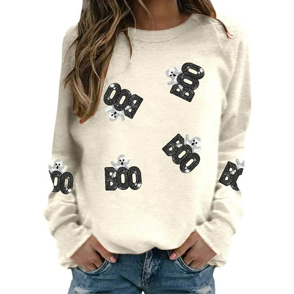 Boo Halloween Sweatshirts for Women 2025 Long Sleeve Crewneck Spooky Boo Ghost Graphic Sweatshirt Pullover Tops