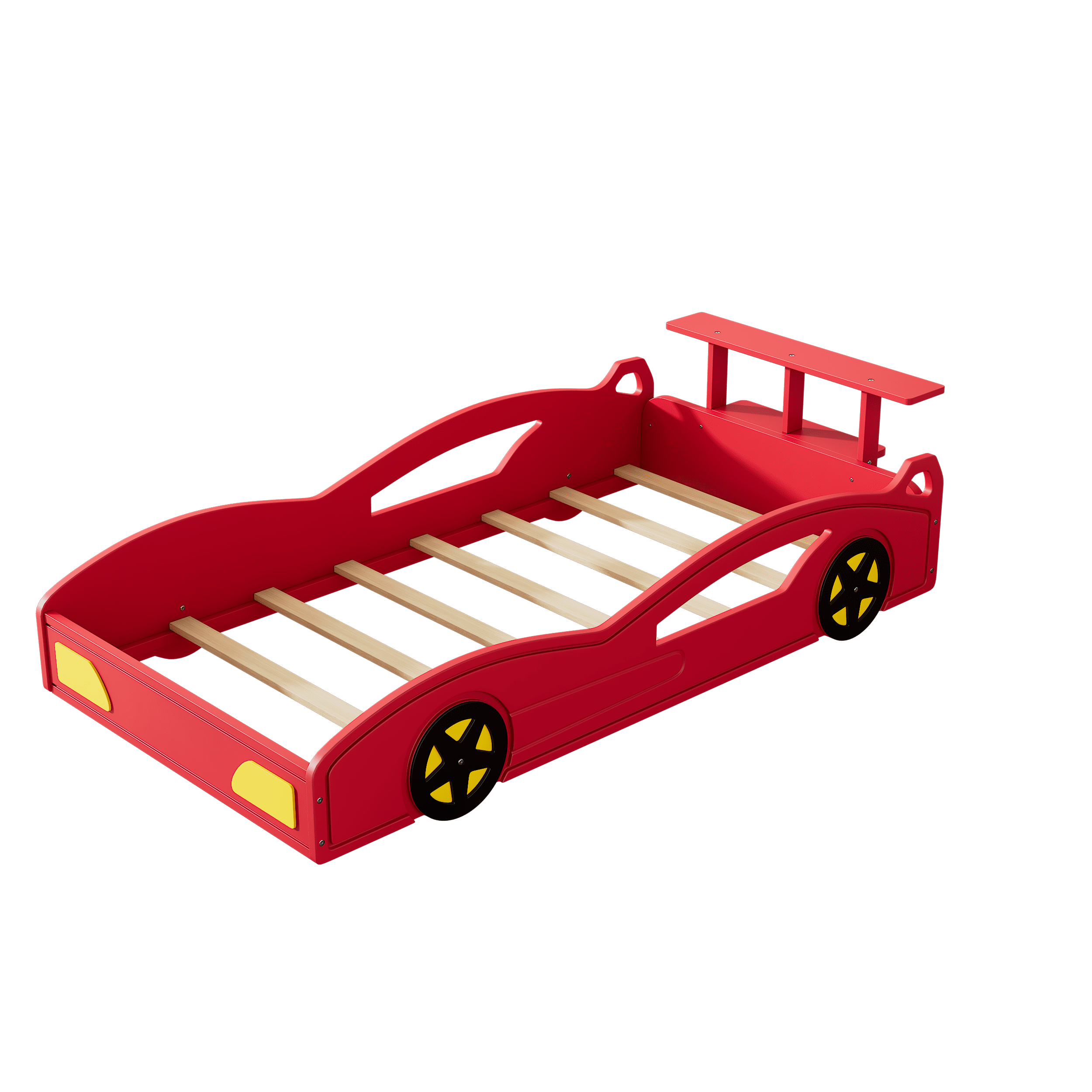 MAYEERTY Twin Wooden Race Car Bed with Wheels for Teens' Bedroom Red & Yellow