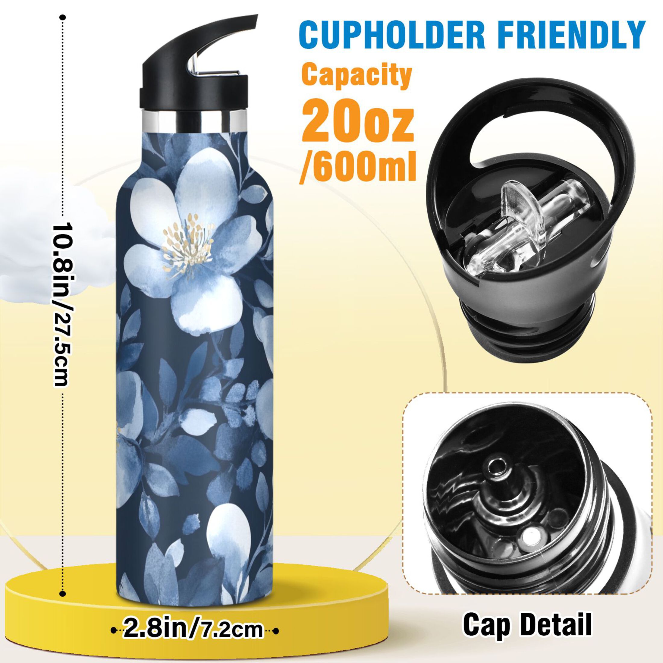 600ML Stainless Steel Insulated Cup Sports Water Bottle Portable Thermos Cup Water Glasses Insulated Tumblers Convenient and Durable Dark Blue Flower