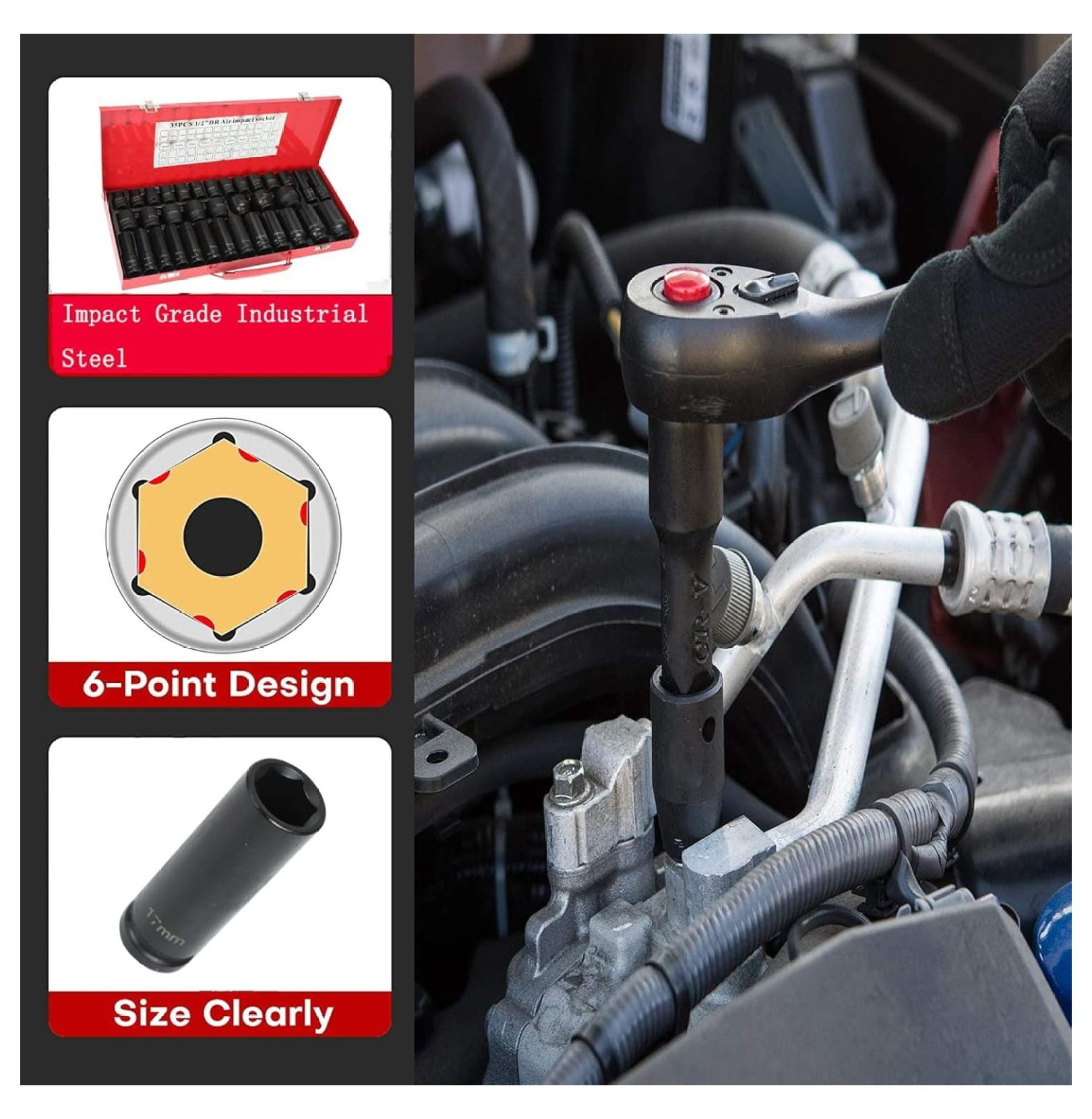 35PCS 1/2 Inch Drive Deep Impact Socket Set 6 Point Sockets Garage Workshop Tools Truck Repair Hand Tools 8-32MM