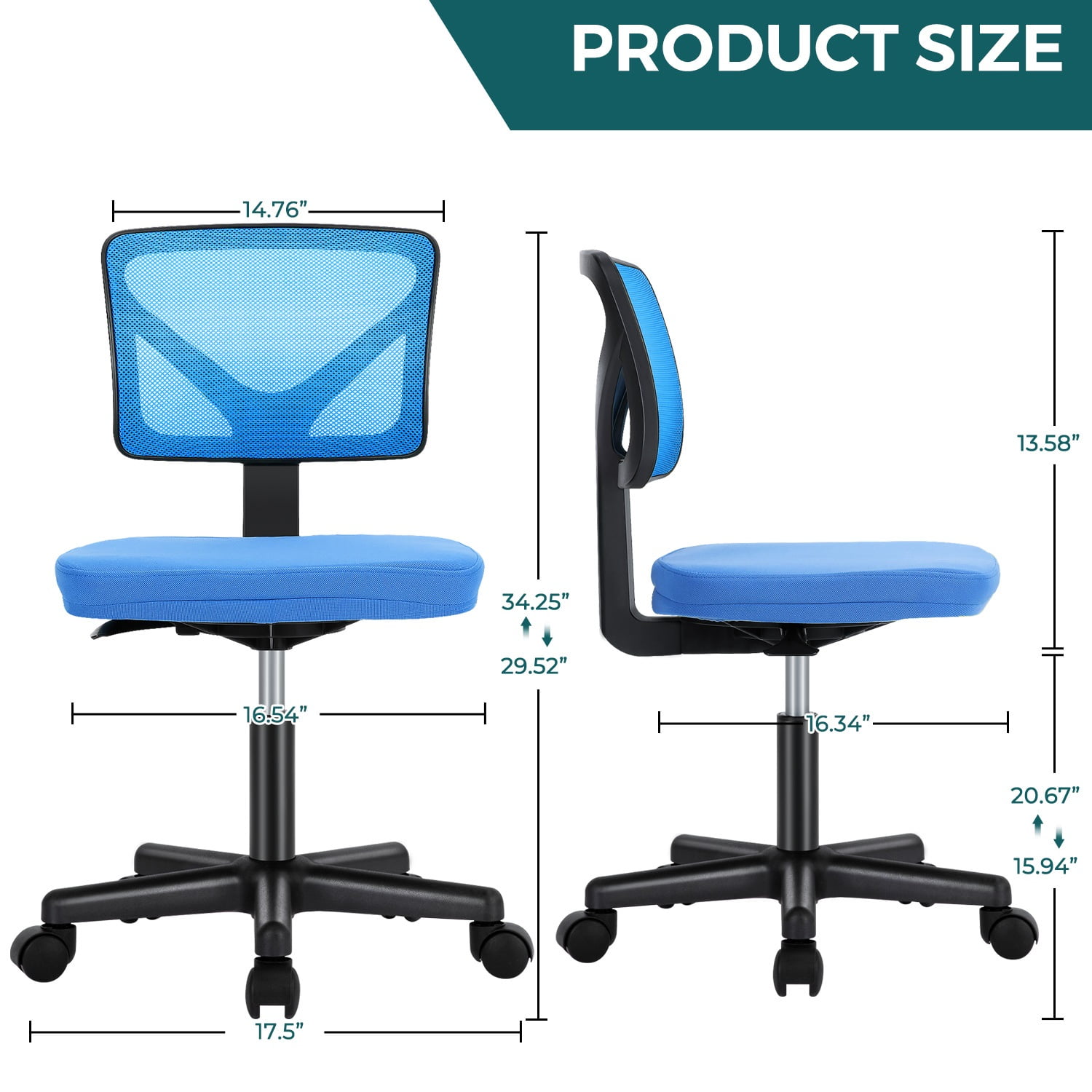 edx Home Office Desk Chair, Armless Mesh Computer Chair Small Space Swivel Adjustable Low Back Task Chair for Teens/Adults, Blue