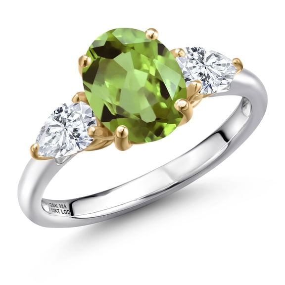 Gem Stone King 925 Silver and 10K Yellow Gold Green Peridot and White Moissanite Engagement Ring for Women | 2.90 Cttw | Oval 9X7MM | Gemstone August Birthstone | Size 9