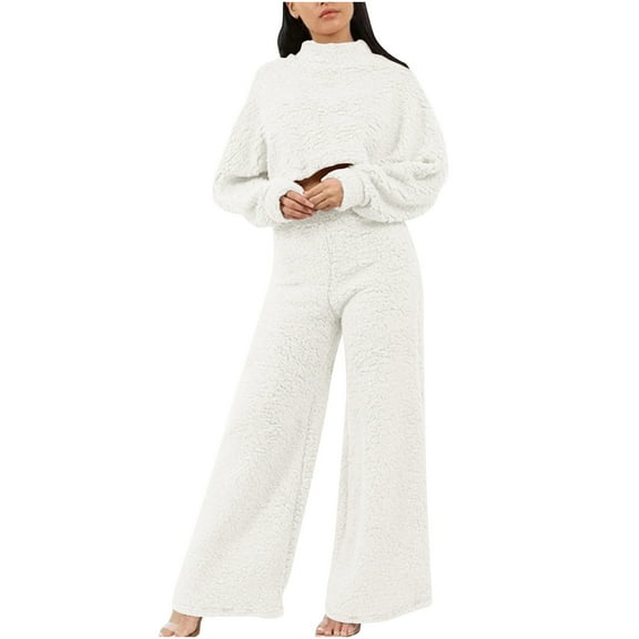 ShomPort Womens Winter Fleece Fuzzy Two Piece Outfits Long Sleeve Crop Tops with Wide Leg Long Pants Lounge Sets