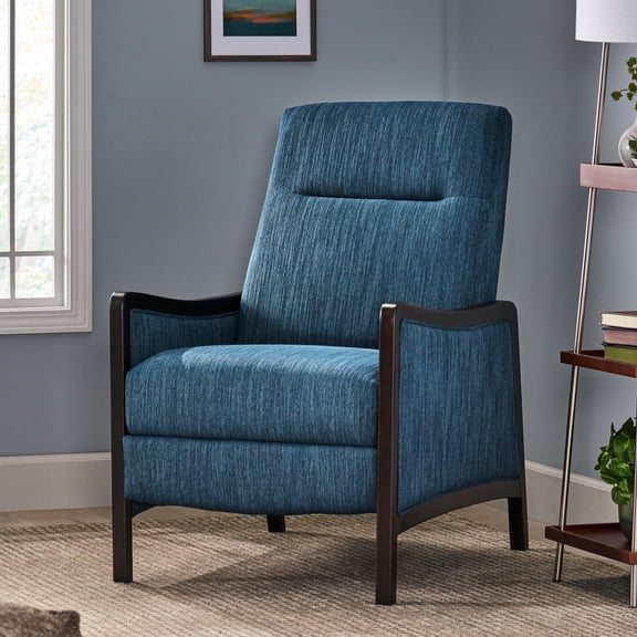 Comfortable Recliner Chair - Upholstered In Navy Blue Fabric With Solid Birchwood Frame Stylish And