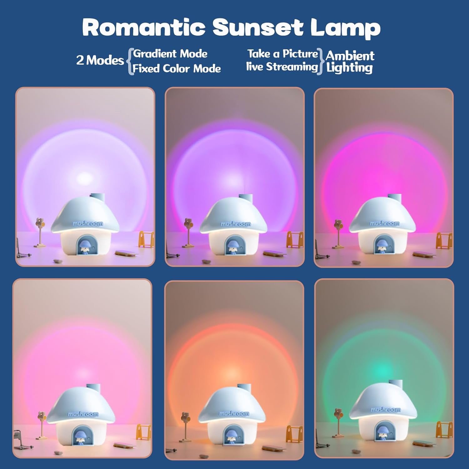 Small Humidifier for Bedroom, 300ML Mushroom House Mini Humidifier with 6 Colors Sunset Light, 2 Spray Modes Portable Baby Humidifier, Cute Rechargeable Mushroom Night Light for Kids