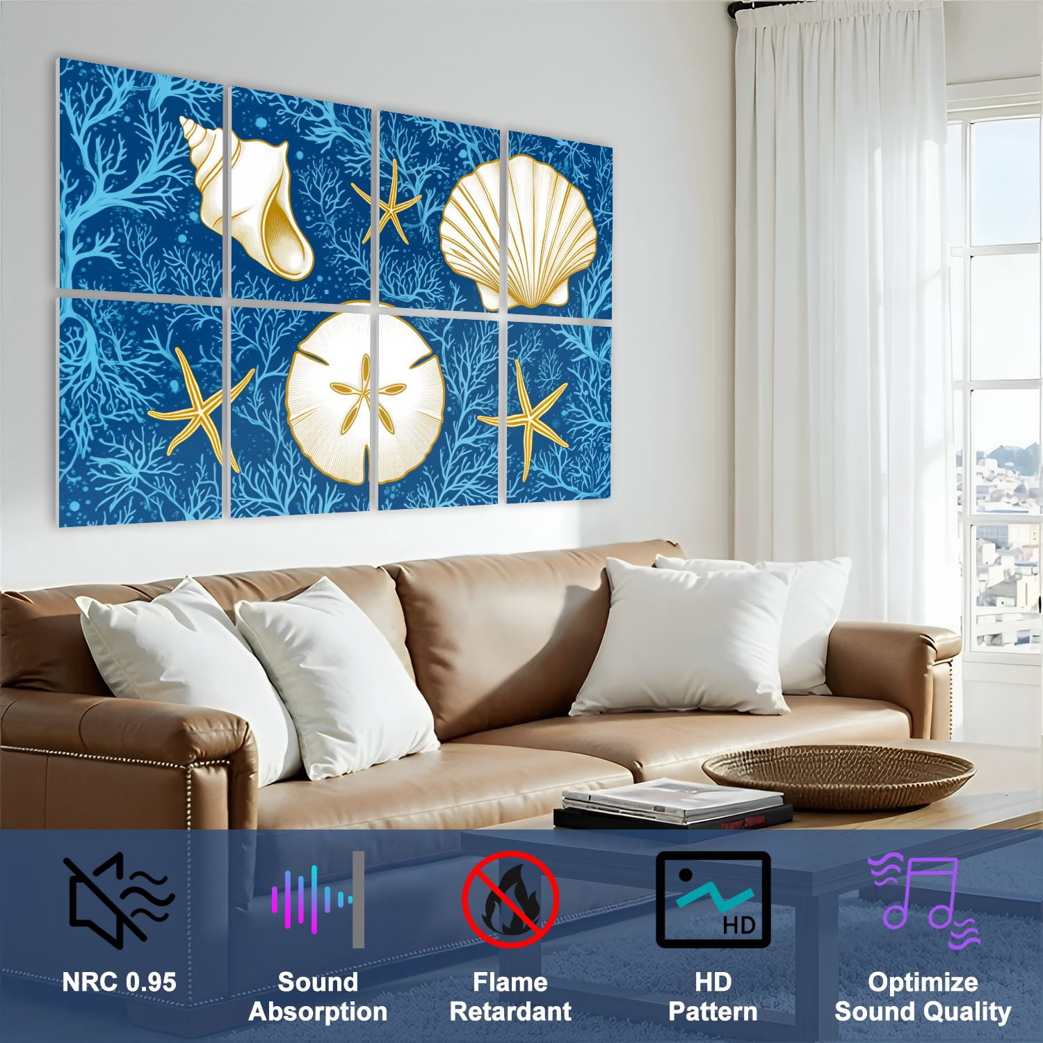 8 Pack Art Acoustic Panels Sound Absorbing Ocean Inspired Seashore boho Decorative Soundproof Wall Panels Self Adhesive for Nursery Game Room Bedroom 48"x32"