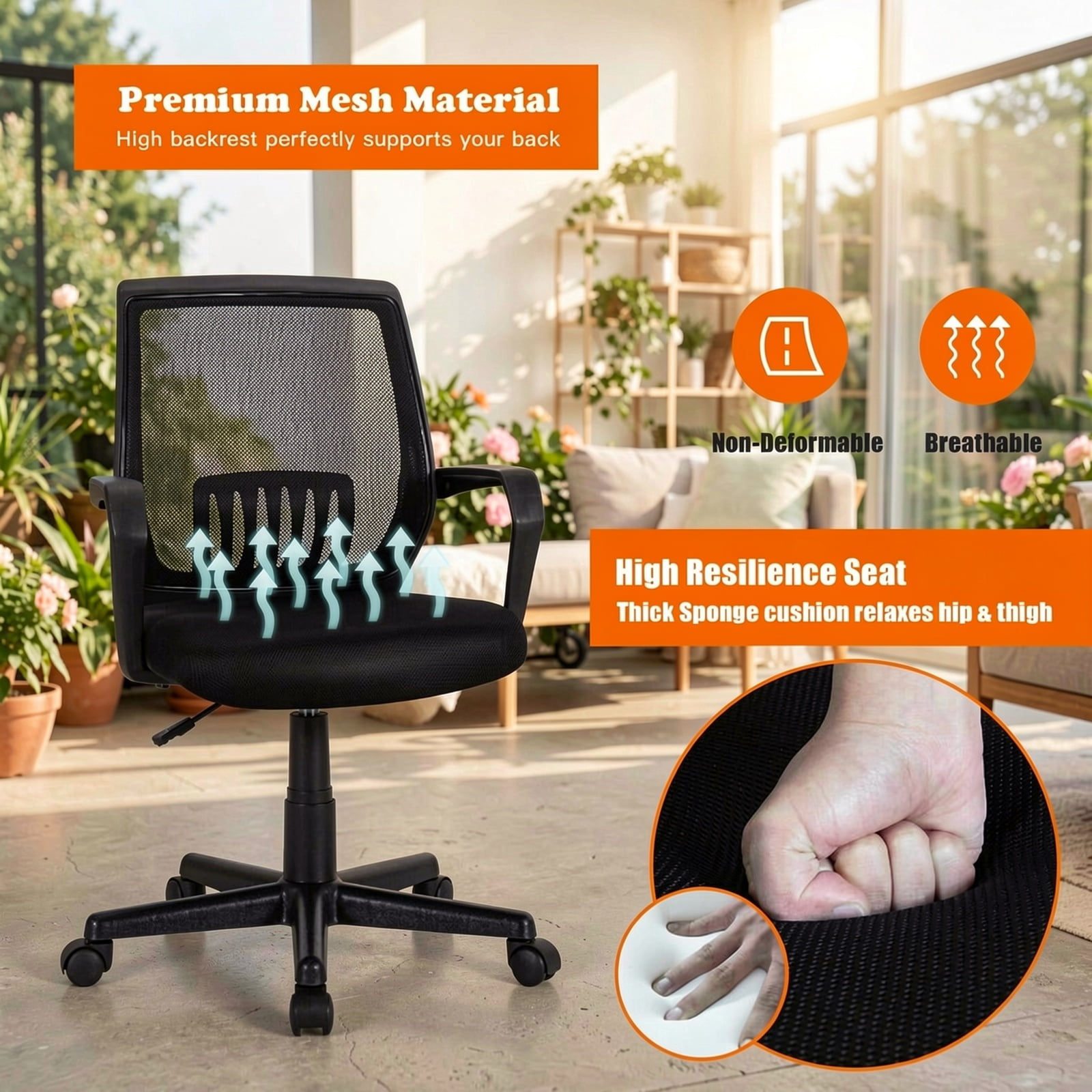 Furnibear Ergonomic Mesh Office Chair with Lumbar Support, Mid-Back Swivel Executive Desk Chair Adjustable Height for Home Office, Black