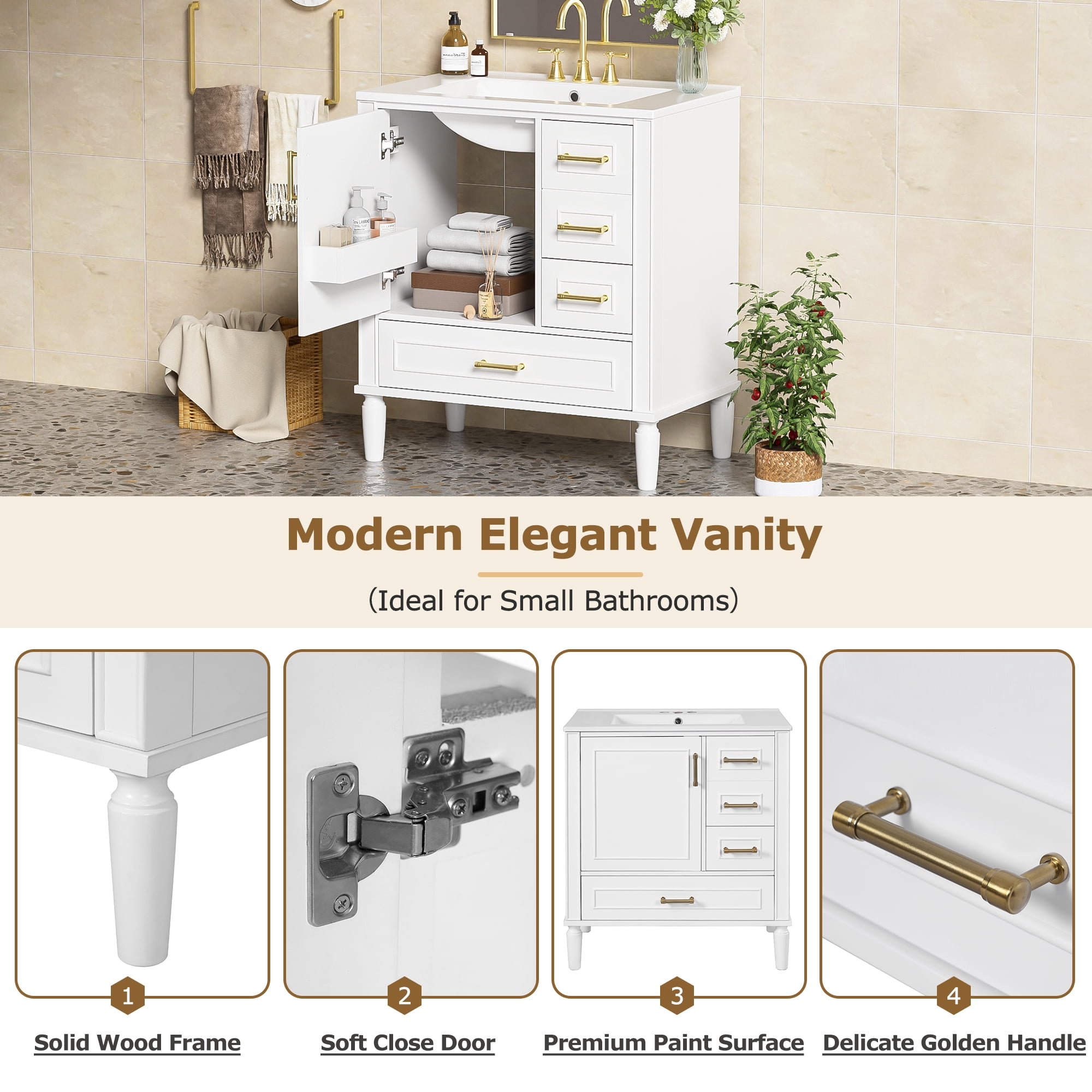 30" Bathroom Vanity with Ceramic Sink, Soft-Close Door with Built-in Shelf, Deep Drawer, Standard Drawer, Long Divider Drawer, Ample Storage Cabinet for Bathroom