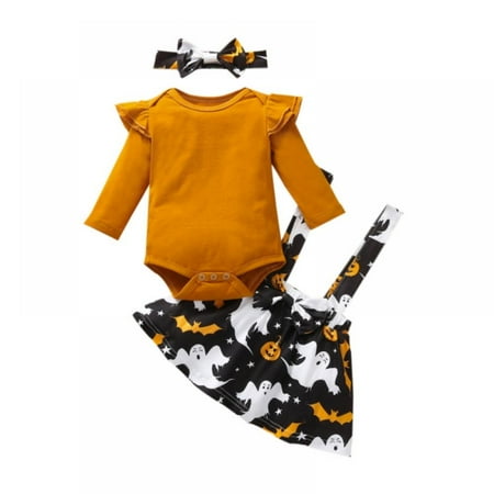 

Halloween Toddle Infant Baby Girl Clothes Ruffle Romper Top Suspender Pumpkin Bat Ghost Skirt Outfit Set with Headband
