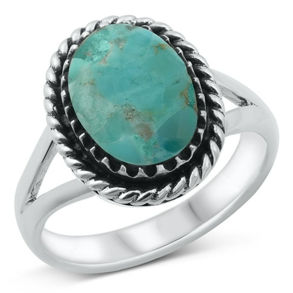 Simulated Turquoise Oval Rope Halo Ring .925 Sterling Silver Band Blue Cubic Zirconia Female Size 13