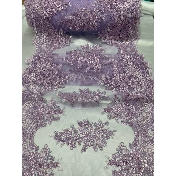 VALENTINA TEXTILE INC Sequin lace Fabric with Embroideries on mesh (1 Yard, Lilac) VT-14