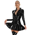 thumbnail image 5 of Zaldita Women's PVC Leather Wet Look Ruffle Mini Dress Front Zipper Corset Clubwear Outfit Black S, 5 of 7