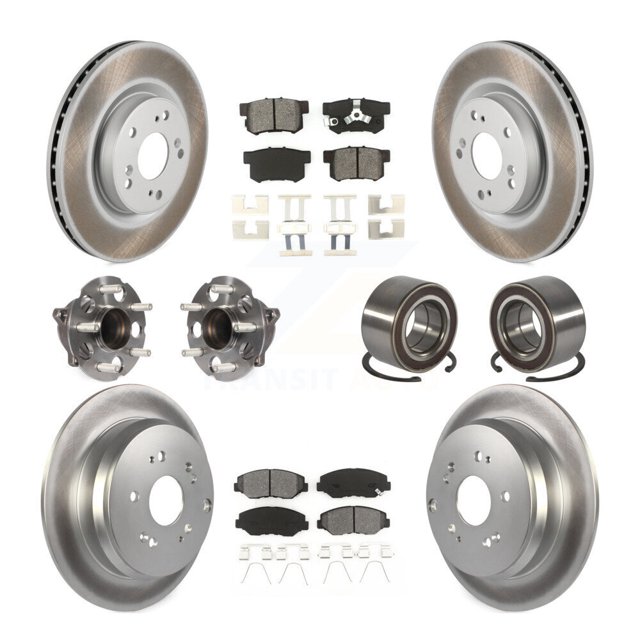 Transit Auto Front Rear Wheel Hub Bearings Assembly Coated Disc Brake Rotors and Semi-Metallic Pads Kit (10Pc) for Car 2012-2016 Honda CR-V FWD - Left Right Side (Driver Passenger) KBB-128146